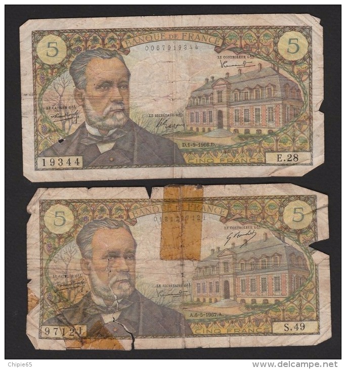 LOT DE DEUX BILLETS PASTEUR 5 F De 1966 Et 1967. Etat D'usage - 5 F 1966-1970 ''Pasteur''