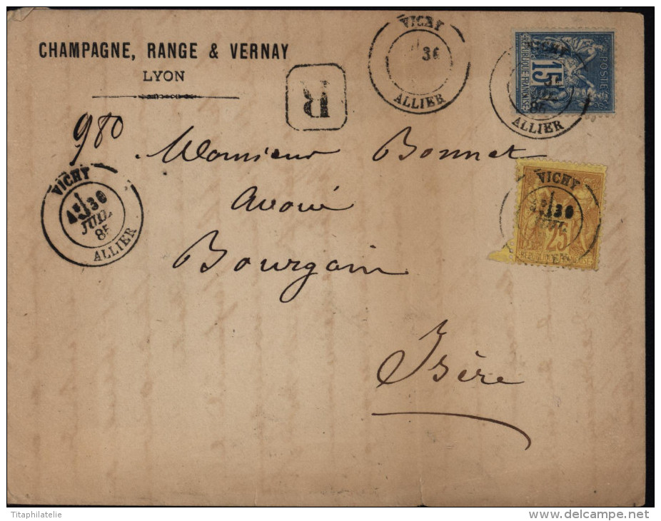 Enveloppe Recommandée De Champagne Range & Vernay Lyon Avec Sage 90 + 92 CAD Vichy Allier 03 1885 3 Points Cire - 1876-1898 Sage (Type II)