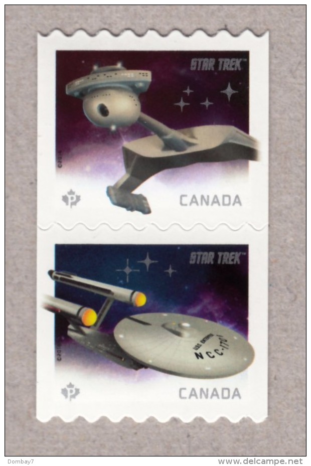 STAR TREK 50th Anniversary PAIR Coil (roll) Stamps U.S.S. ENTERPRISE & KLINGON BATTLE CRUISER Canada 2016 - North  America