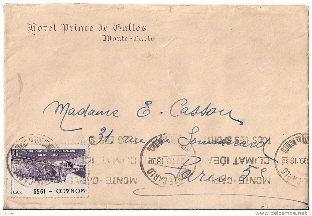Enveloppe  -   Expédiée  De  Monté - Carlo   (  MONACO )  à  Destination  De  Paris - Covers & Documents