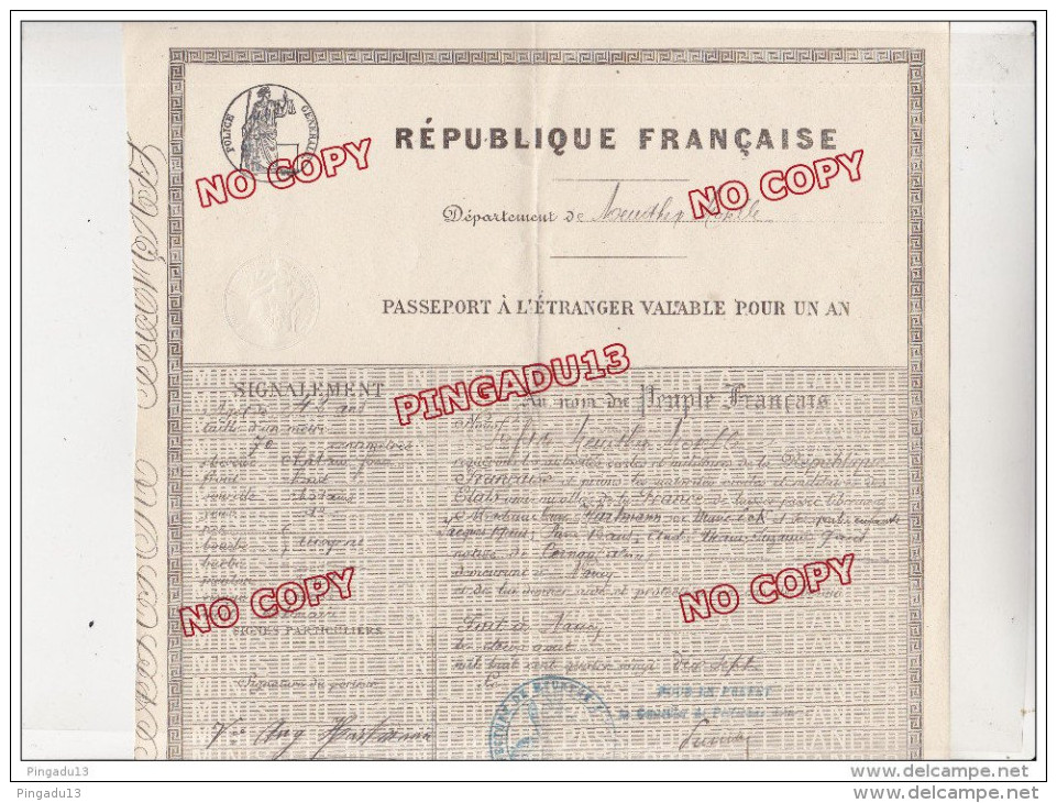 Au Plus Rapide Passeport Passport France Meurthe Et Moselle Nancy 2 Août 1897 Timbre Fiscal Sec Très Bon état - Documents Historiques