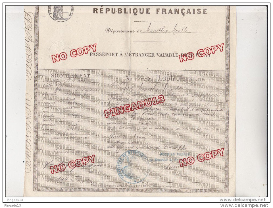 Au Plus Rapide Passeport Passport France Meurthe Et Moselle Nancy 2 Août 1897 Timbre Fiscal Sec Très Bon état - Documents Historiques