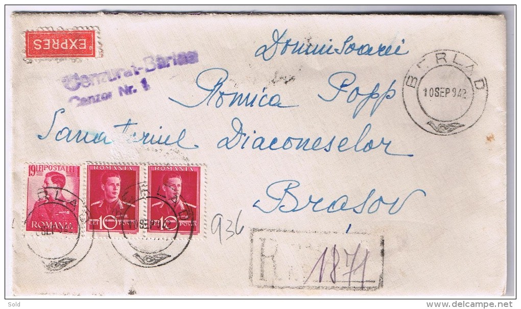 Romania Scrisoare Barlad- Brasov 10 Sept 1942 / Cenzura Barlad / Expres Recomandata / Sanatoriul Diaconeselor Brasov - 2de Wereldoorlog (Brieven)