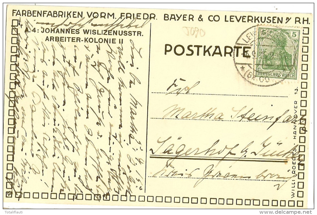 LEVERKUSEN Farbenfabriken Vorm F Bayer & Co Johannes Wislizenius Straße 6.9,1915 Gelaufen - Leverkusen