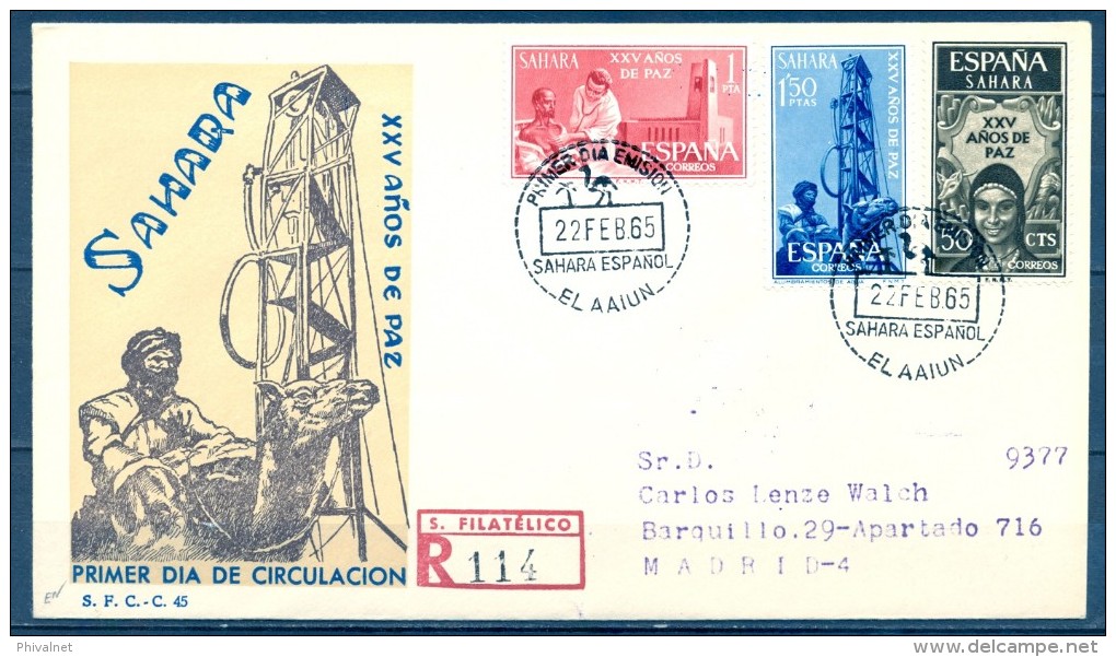 SAHARA , ED. 239 / 241 , SOBRE DE PRIMER DIA DE CIRCULACIÓN , XXV AÑOS DE PAZ , CIRCULADO A MADRID , LLEGADA - Spaanse Sahara