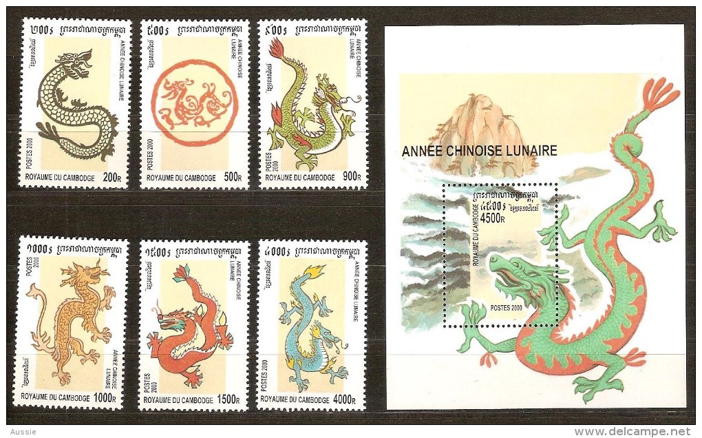 Cambodge Cambodja  2000 Yvertn° 1713-1718  Et Bloc 165 *** MNH Cote 16 € Année Lunaire Chinoise Du Dragon - Cambodge