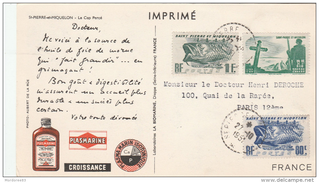 Saint Pierre Et Miquelon Cpa Le Cap Perce Imprime Pub Plasmarine 1951 Yvert N°330-331 Et 332 Pour France     TDA98 - Pharmacy