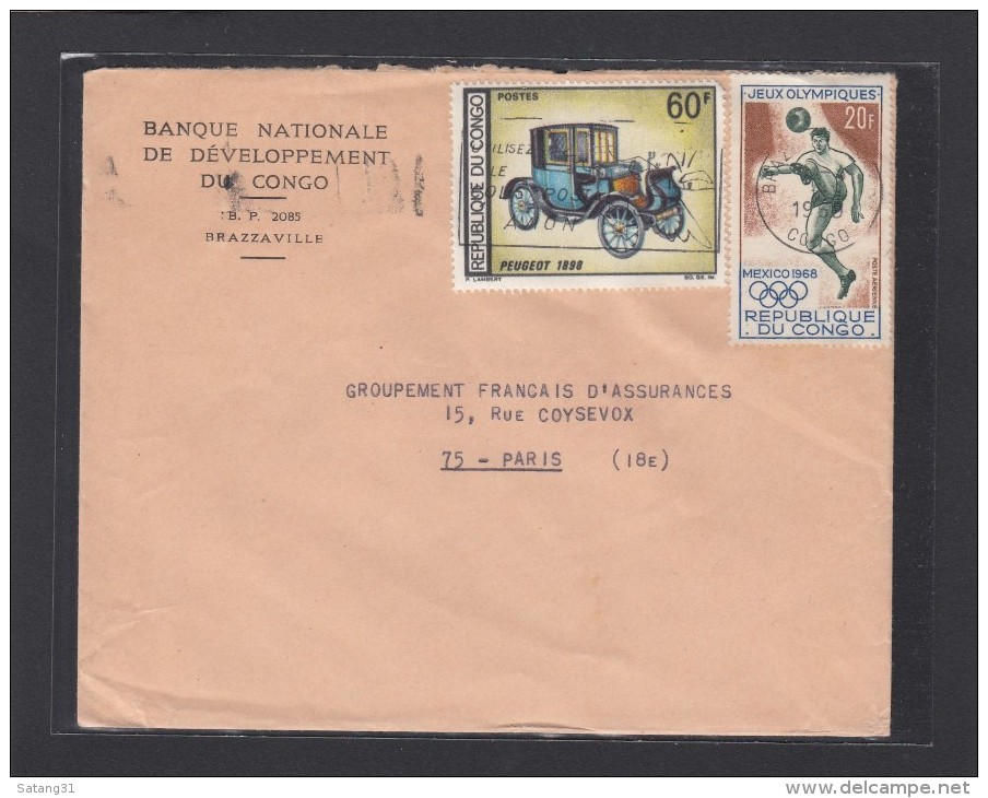 CONGO:LETTRE DE LA BANQUE NATIONALE DU CONGO AVEC E.A. TIMBRE PEUGEOT 1898 ET TIMBRE J.O. 1968 FOOT. - Oblitérés