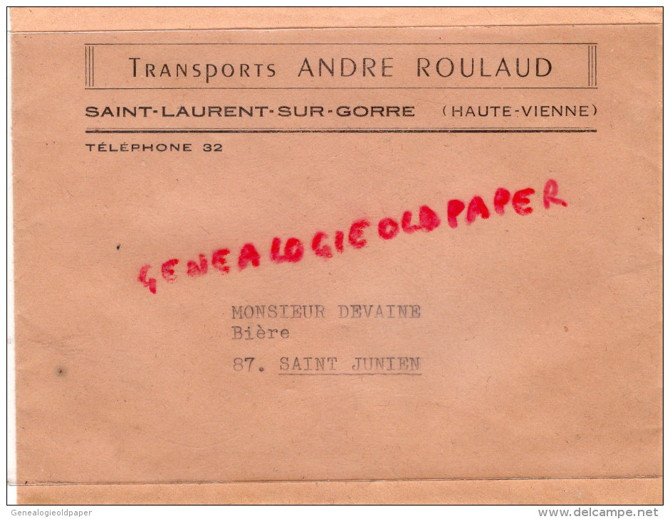 87 - ST SAINT LAURENT SUR GORRE - ENVELOPPE TRANSPORTS ANDRE ROULAUD A M. DEVAINE PIERRE - SAINT JUNIEN-LE CONCORDE - 1950 - ...