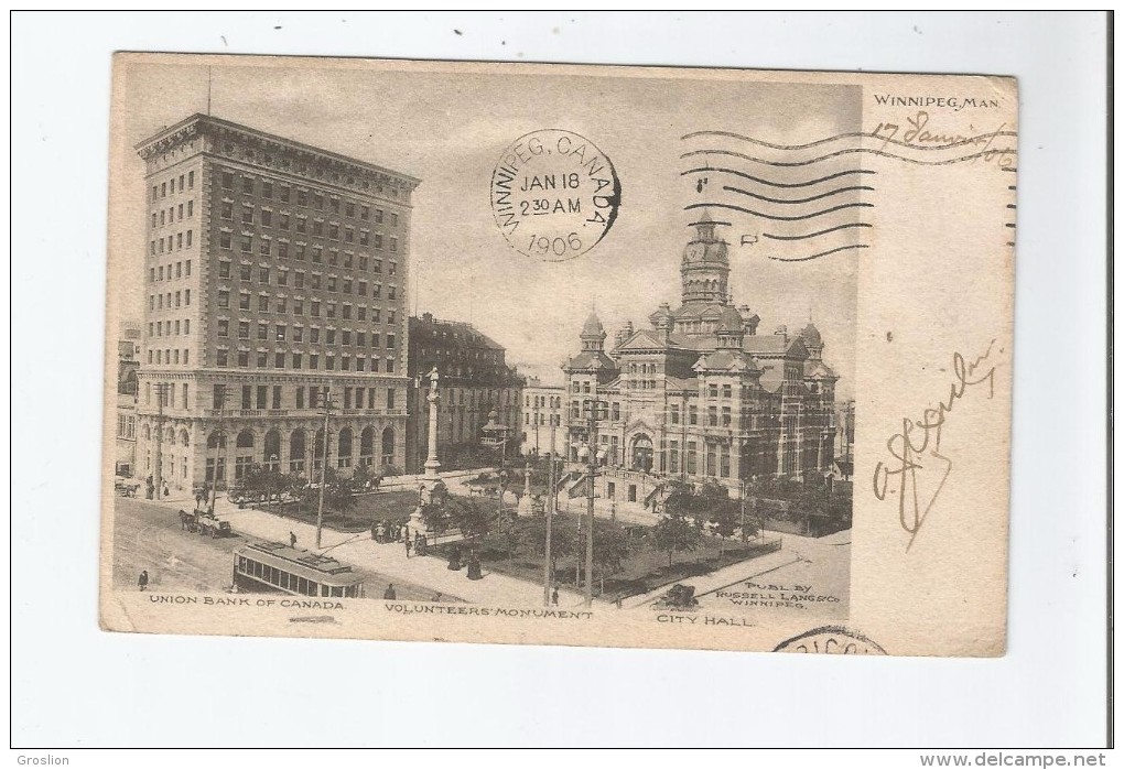 WINNIPEG MAN UNION BANK OF CANADA . VOLUNTEERS MONUMENT. CITY HALL 1906 - Winnipeg