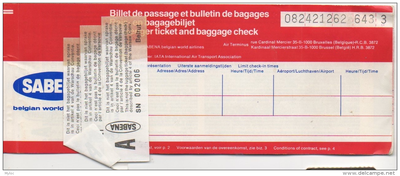 Ticket/Billet D'Avion. SABENA. Beirut/Bruxelles/Beirut. 1981. - World