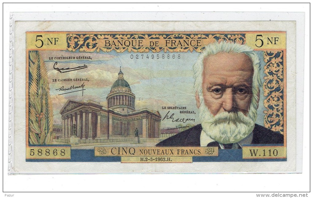 BILLET 5 NF VICTOR HUGO 2-5-1963 TTB+ PLUSIEURS TROUS D'EPINGLES - 1 PLI VERTICAL - SANS DECHIRURES - 5 NF 1959-1965 ''Victor Hugo''