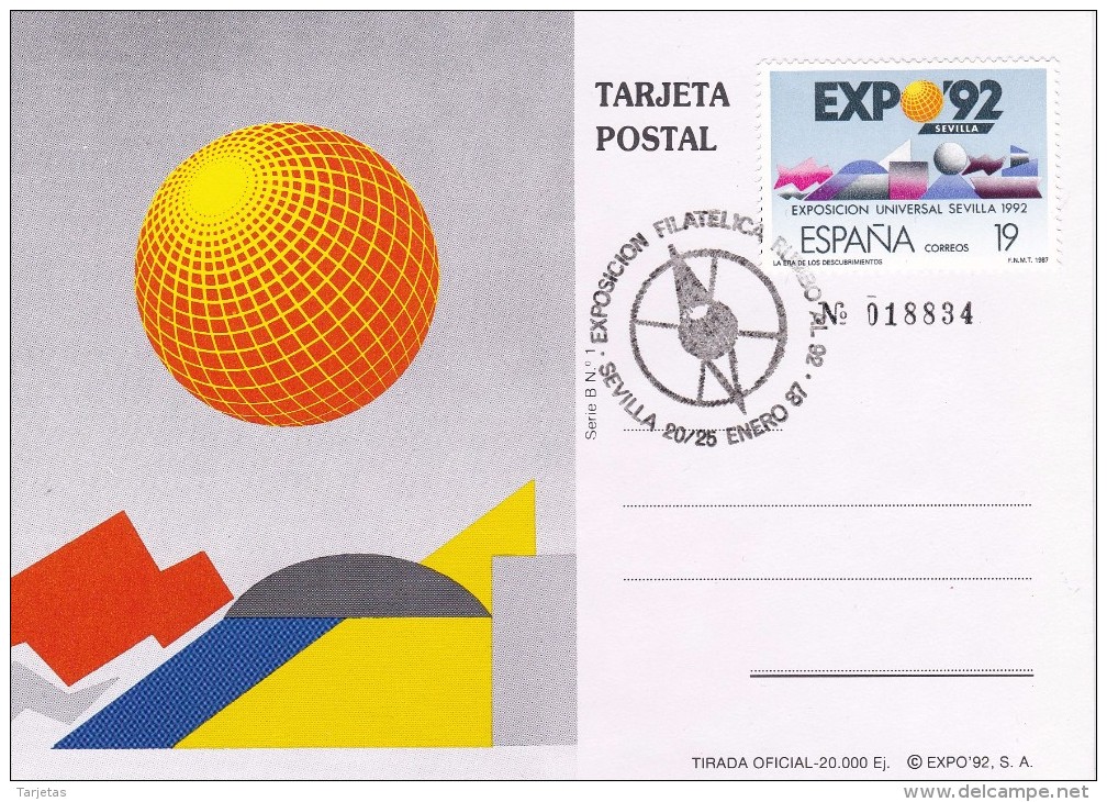 POSTAL DE ESPAÑA DE LA EXPO´92 DE SEVILLA CON MATASELLOS DEL PRIMER DIA DE CIRCULACIÓN. - Exposiciones