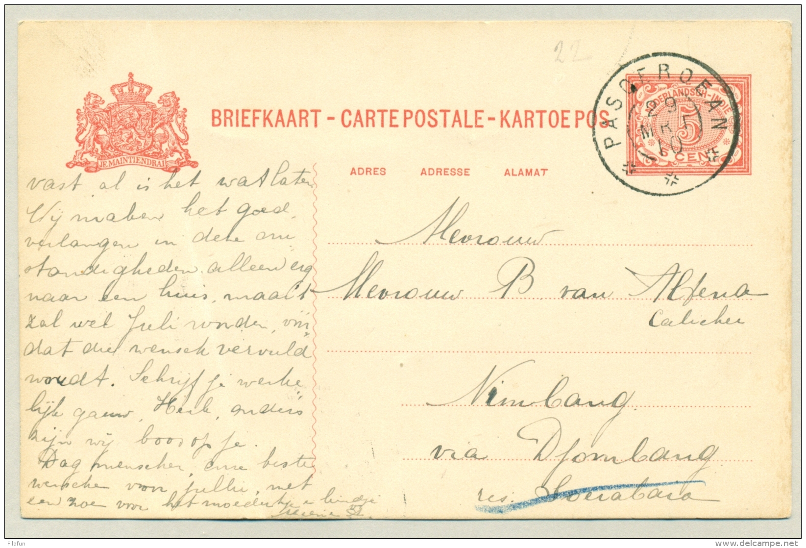 Nederlands Indië - 1910 - GR PASOEROEAN Op Briefkaart Naar N(g)imbang - Nederlands-Indië