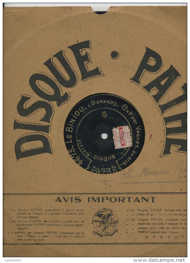 78T DISQUE GRAMOPHONE (29 Cm) PATHÉ "LE BINIOU"  &  "AU PETIT JOUR DU MATIN"  PAR VAGUET - 78 T - Disques Pour Gramophone