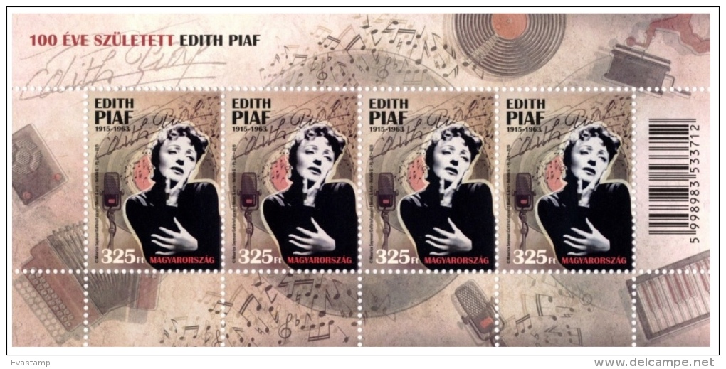 HUNGARY-2015. Minisheet - Edith Piaf, Famous French Diva / With Barcode  MNH!!! - Unused Stamps