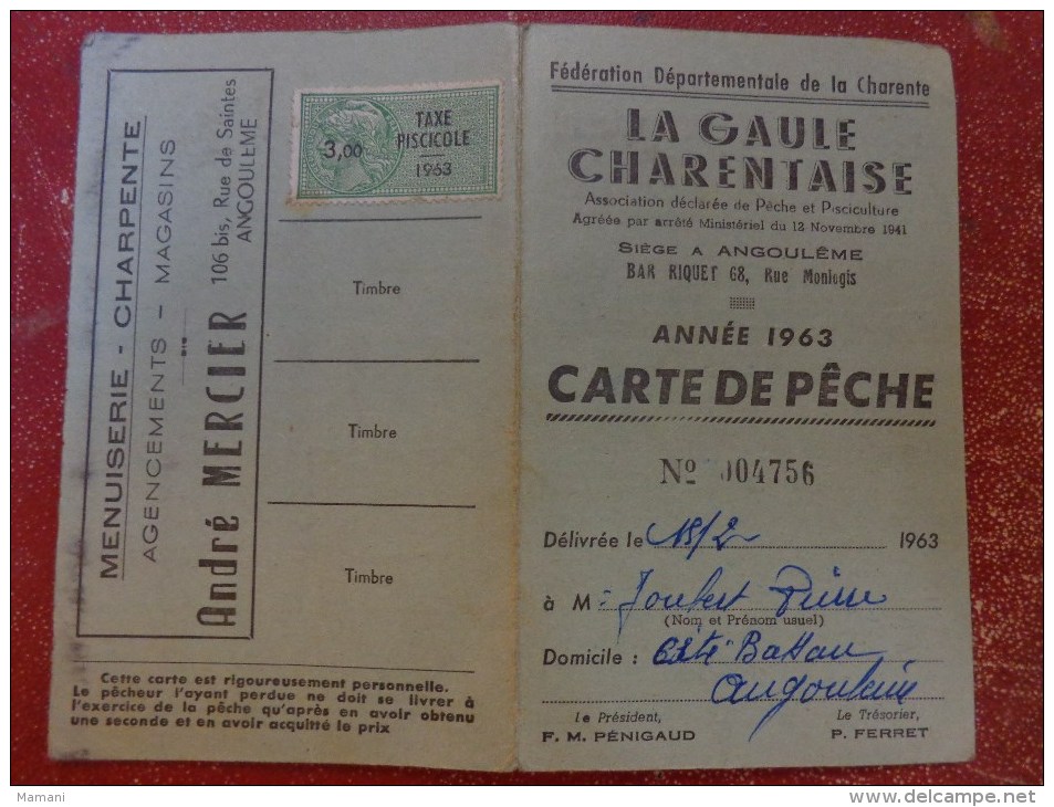 Carte De Peche 1963 Timbre Taxe Piscicole -pub Menuiserie Andre Mercier A Angouleme - Vissen
