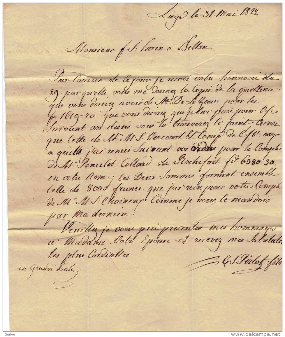 LAC Datée 31/05/1822 De Liege Vers Tellin Par Namur Et Marche (luik En Rouge) Maire De Tellin Manuscrit 3 De Port - 1815-1830 (Dutch Period)
