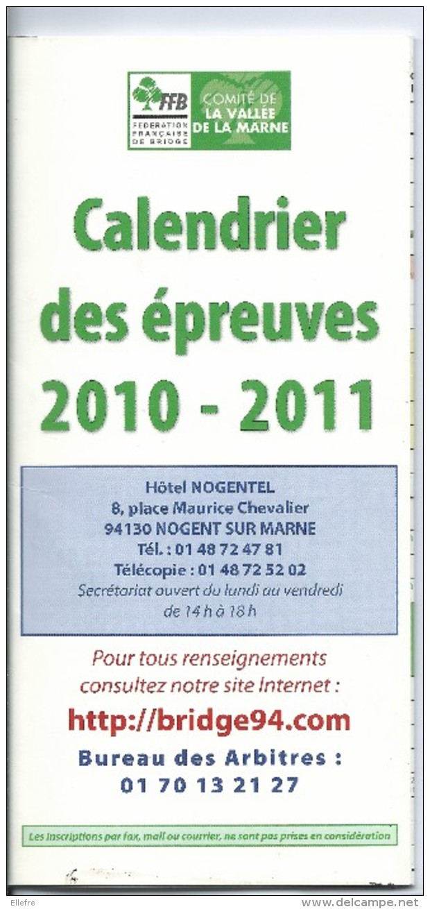 Fédération Française De Bridge - Comité Vallée De La Marne - Calendrier Des épreuves 2010 2011 - - Autres & Non Classés