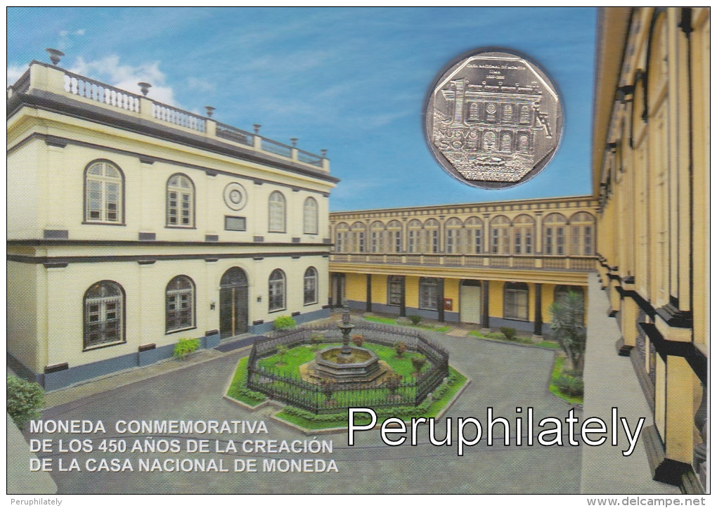 PERU 2015 , 450 AÑOS DE LA CASA NACIONAL DE MONEDA , 1 NUEVO SOL , COIN ON CARD , MINT - Pérou