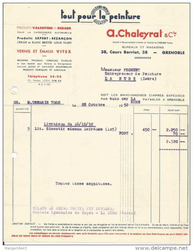 FACTURE CH. MAZADE & CHALEYRAT COULEURS VERNIS SICCATIFS à GRENOBLE (ISERE) 1931 - 1900 – 1949