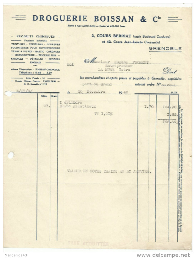 FACTURE DROGUERIE BOISSAN à GRENOBLE (ISERE) 1940 - 1900 – 1949