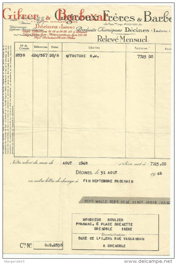 FACTURE GIGNOUX & BARBEZAT PRODUITS CHIMIQUES à DECINES (ISERE) 1948 - 1900 – 1949