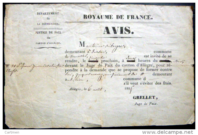 43 ALLEGRE  AVIS CONVOCATION DEVANT LE JUGE DE PAIX  POUR PLAINTE DOCUMENT OFFICIEL 1845 - Documents Historiques