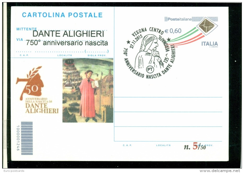 DANTE ALIGHIERI- VERONA - EVENTI -- CARTOLINA INTERO POSTALE SOPRASTAMPA PRIVATA -MARCOFILIA - Interi Postali