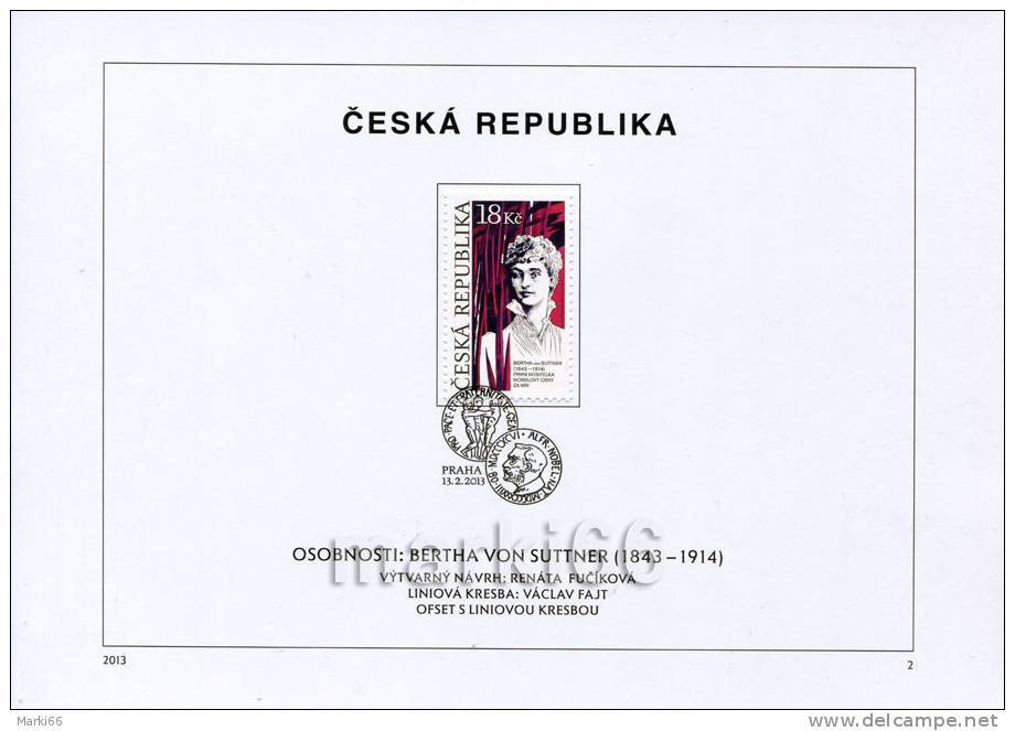 Czech Republic - 2013 - 170 Years Since Birth Of Bertha Von Suttner, First Female Nobel Prize Winner - FDS - Lettres & Documents