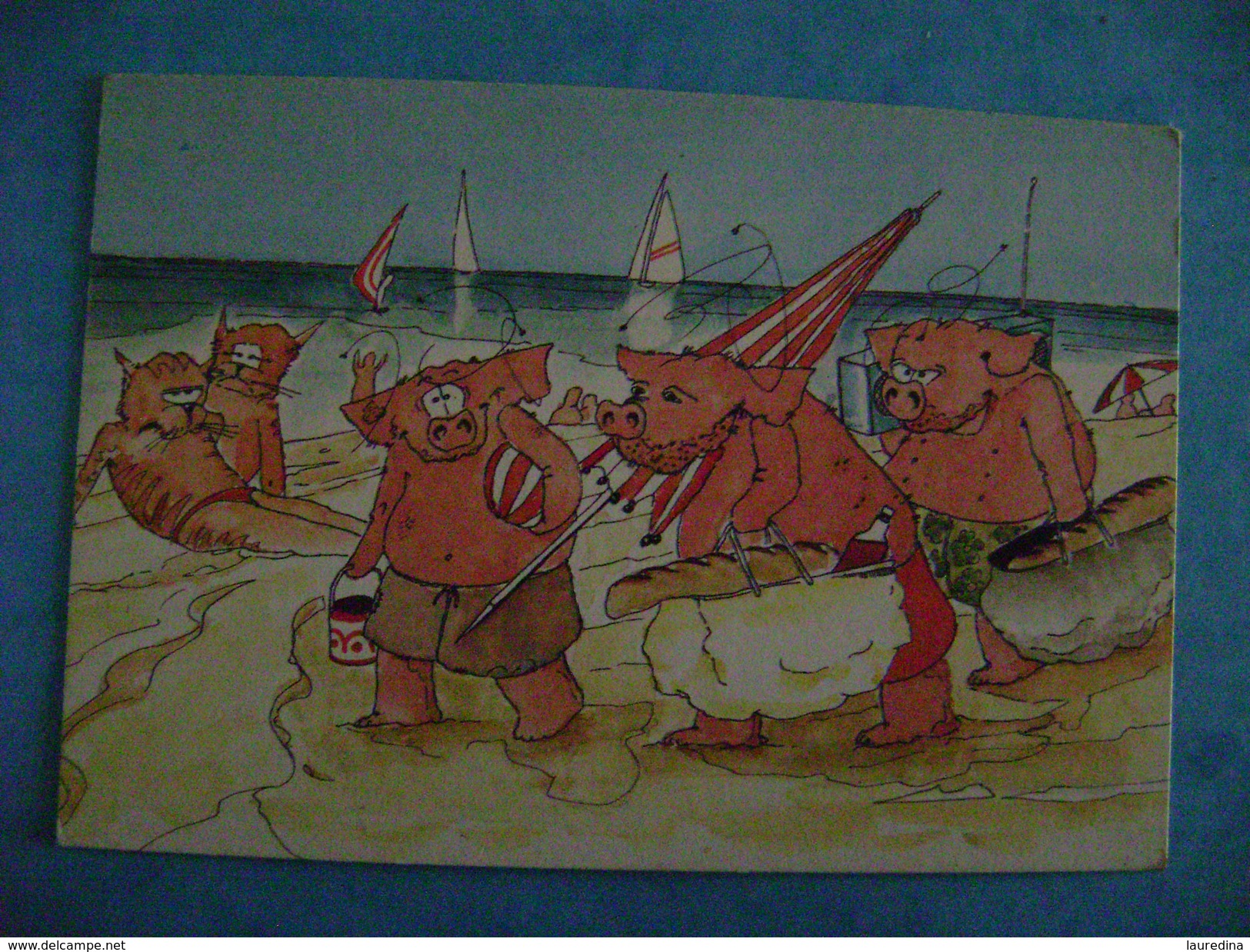 CPM   COCHONS ET CHATS A LA PLAGE - Dressed Animals