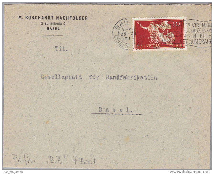 Schweiz Tellbrust 1919-12-23 Basel Perfin Brief "B.B." #B004 Borchardt Basel - Lettres & Documents