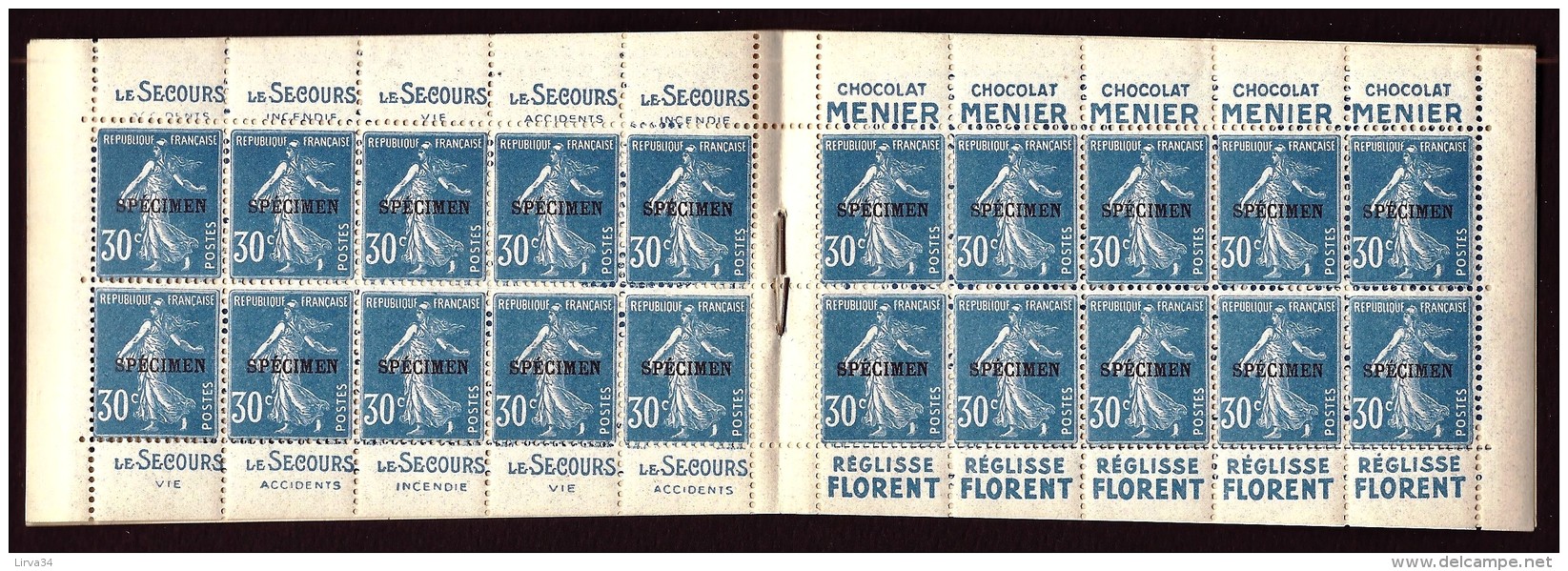 RARISSIME CARNET INTACT- 30 Ct SEMEUSE- SURCHARGE NOIRE SPÉCIMEN AVEC BANDE PUB- COURS D'INSTRUCTION N° 192-C1-2- 5 SCAN - Specimen