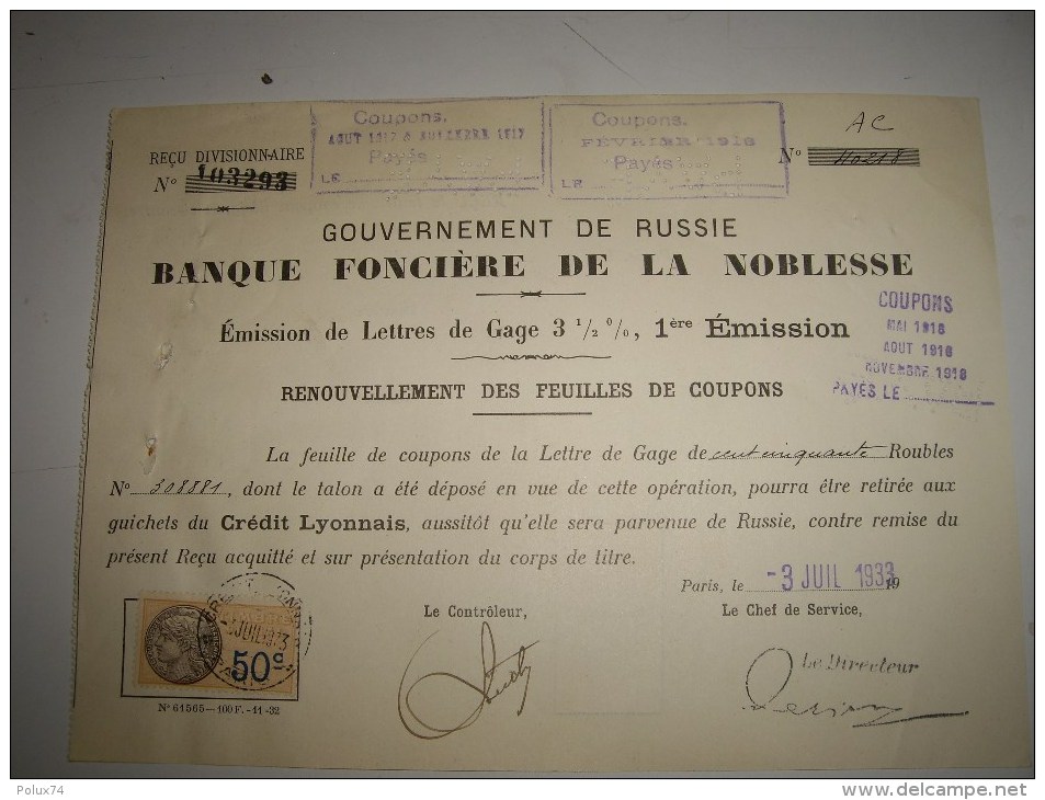 Banque Fonciere De La Noblesse Avec Timbre Fiscal 50 Cts  1933 - Russia