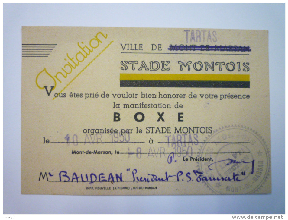 Carton D'INVITATION à Une Manifestation De  BOXE  à  TARTAS  1950    - Autres & Non Classés