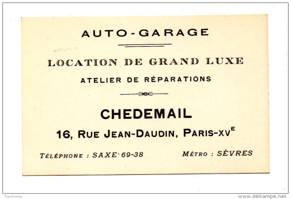 Carte De Visite Auto-garage Location De Grand Luxe Chedemail Paris-XVe - Visitenkarten