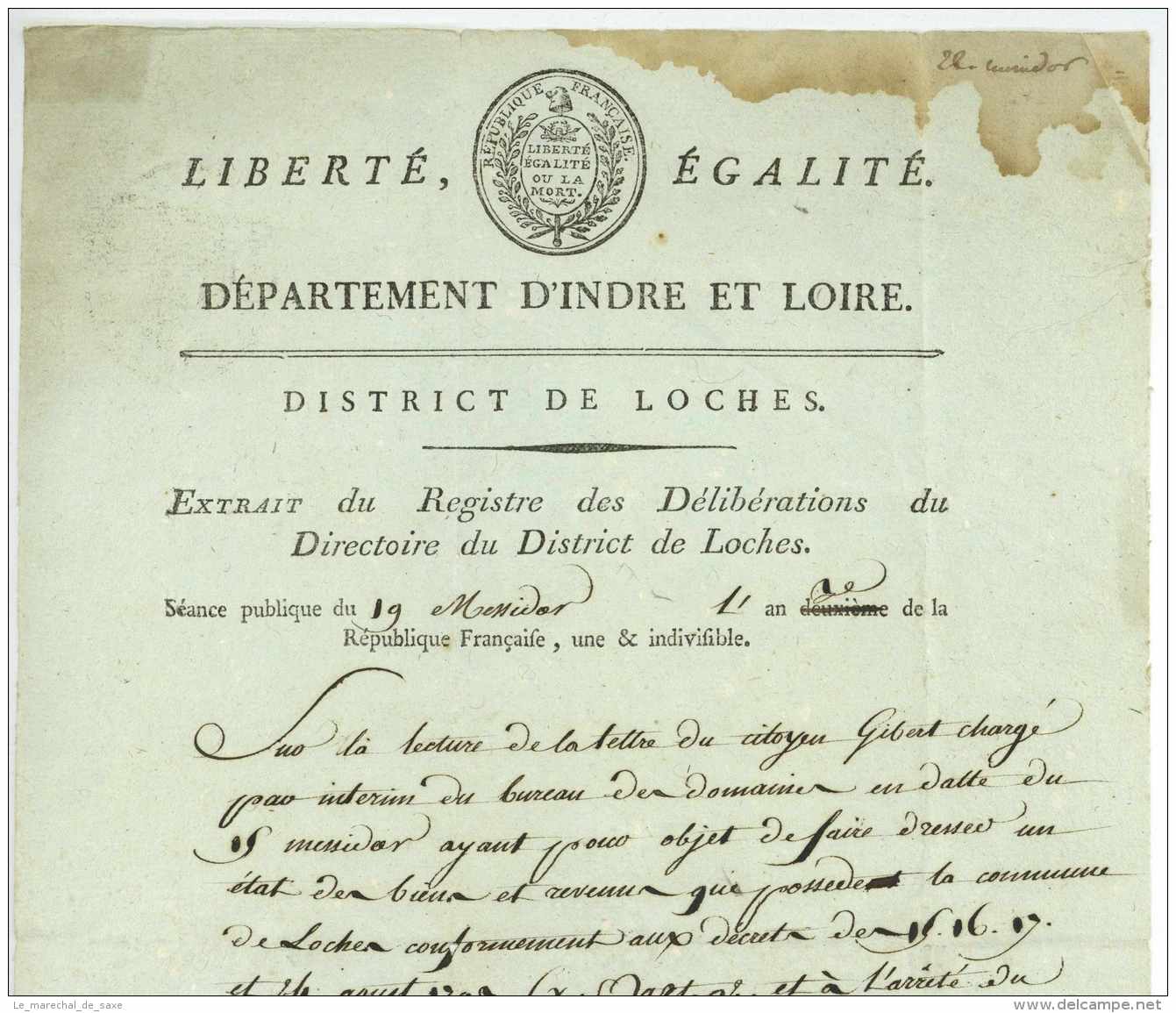 REVOLUTION - LOCHES 1795 - Directoire Du District - Historical Documents