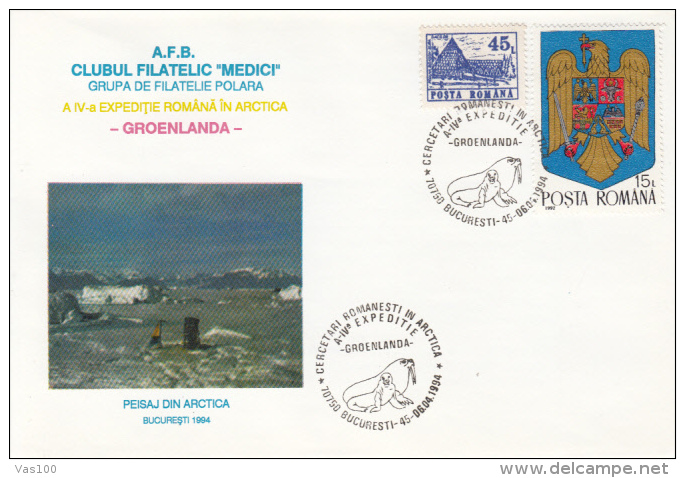ROMANIAN ARCTIC EXPEDITION, GREENLAND, SEAL, WALRUS, SPECIAL COVER, 1994, GERMANY - Expéditions Arctiques