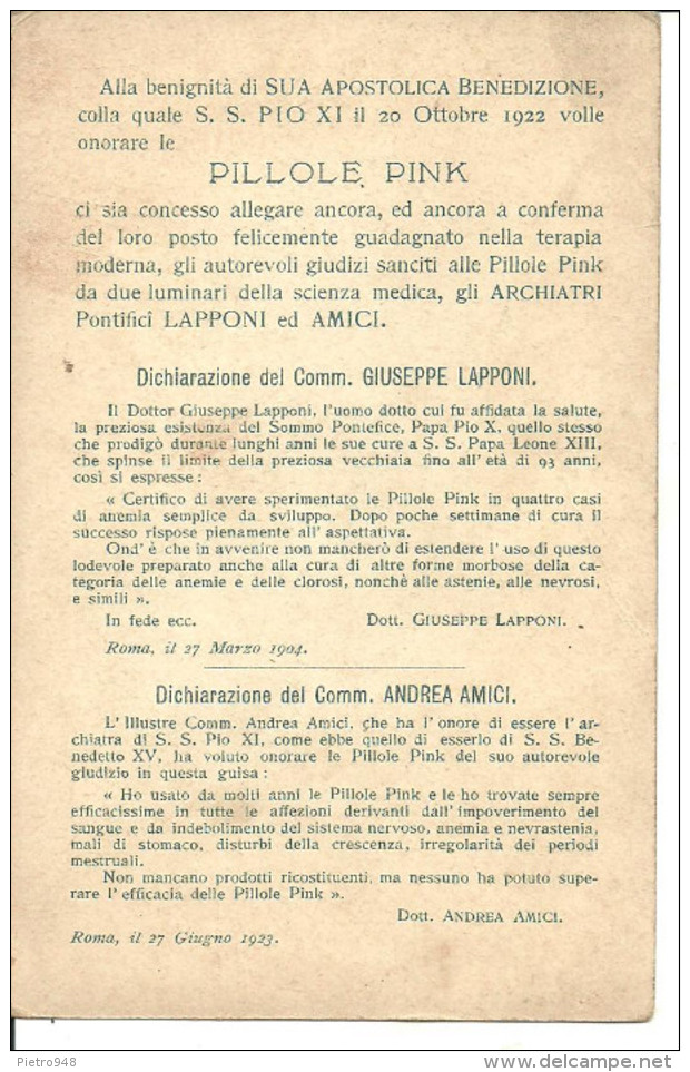 Pillole Pink, Benedizione Apostolica Del S.S. Pio XI Il 20 Ottobre 1922 - Biglietto Pubblicitario - Altri & Non Classificati