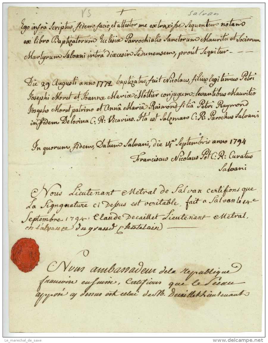 SALVAN (Valais) 1794 - Extrait Bapteme - Francois De BARTHELEMY (1747-1830) - Directeur - Moret Suisse - Historical Documents