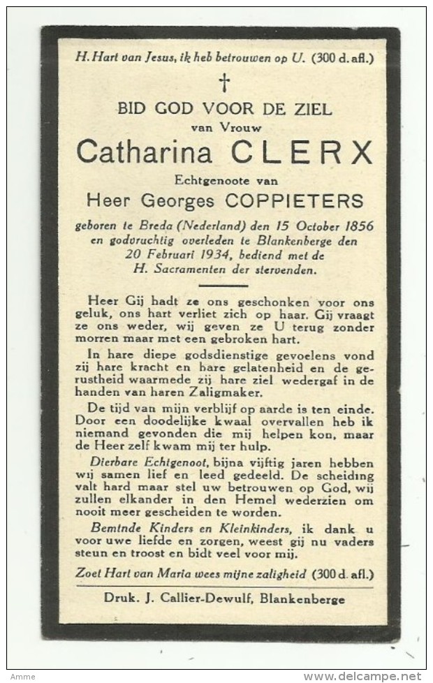 Doodsprentje  *  Clerx Catharina  (° Breda 1856  / + Blankenberge 1934 ) X Coppieters Georges - Religione & Esoterismo