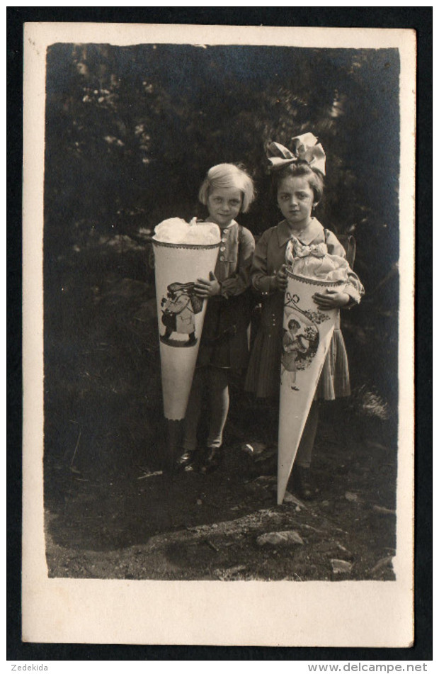 2480 - Altes Foto - 2 Mädchen Schulanfang Schulgang Zuckertüte Schultüte Ranzen Ca. 1930 - Premier Jour D'école