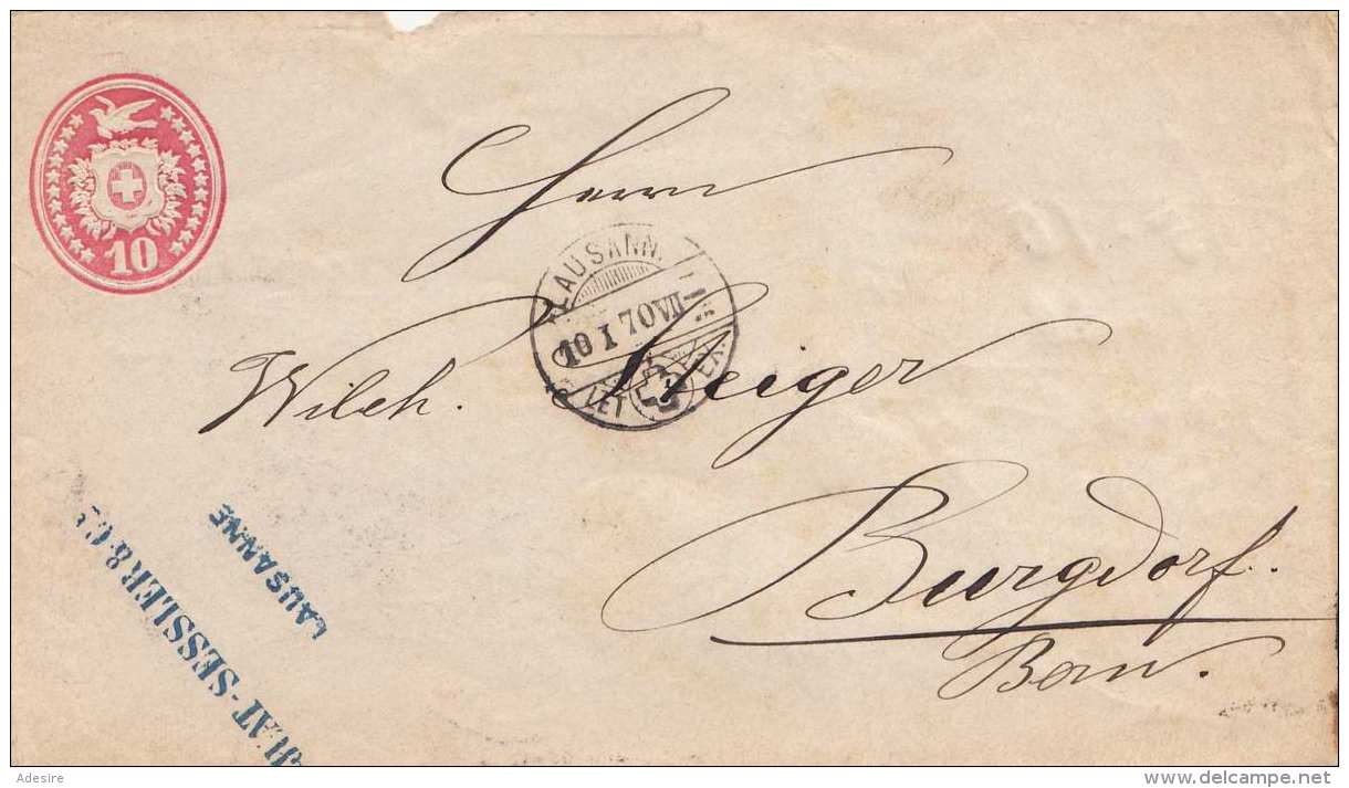 SCHWEIZ 1870 - 10 C Ganzsache Auf Brief, Stempel Lausanne Gel.n.Burgdorf Bern - Briefe U. Dokumente