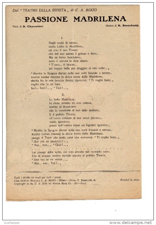 04293 "PASSIONE MADRILENA-TANGO-VERSI DI B. CHERUBINI- MUSICA DI R. STOCCHETTI-CASA ED. C.A. BIXIO-MILANO" SPARTITO - Spartiti