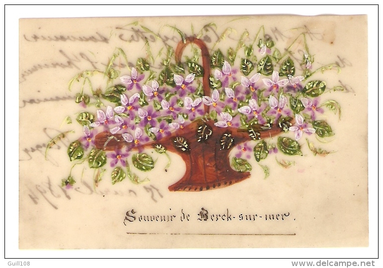 Jolie Petite Carte En Celluloïde Souvenir De Berck Sur Mer Bouquet De Violettes Peint à La Main Rare Pas De Calais A1-18 - Ohne Zuordnung