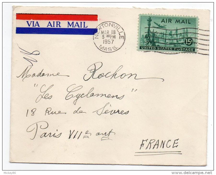 USA--1957--Lettre  De NEWTONVILLE (Mass) Pour PARIS(France)--timbre Seul Sur Lettre-Beau Cachet - Covers & Documents