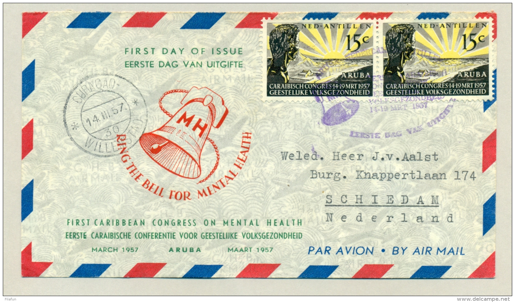 Nederlandse Antillen - 1957 - E1 - Serie Geestelijke Gezondheid Op FDC Naar Schiedam / Nederland - Curaçao, Nederlandse Antillen, Aruba