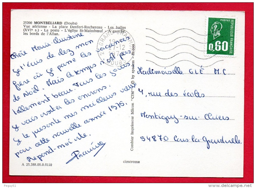 25. Montbéliard. Vue Aérienne. Place Denfert-Rochereau,  Halles,  Poste, église St. Maimbœuf, Les Bords De L'Allan.1974 - Montbéliard