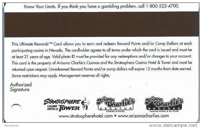 Arizona Charlie´s East/Boulder Casino Las Vegas, NV - Slot Card - 3 Logos On Back - Casino Cards