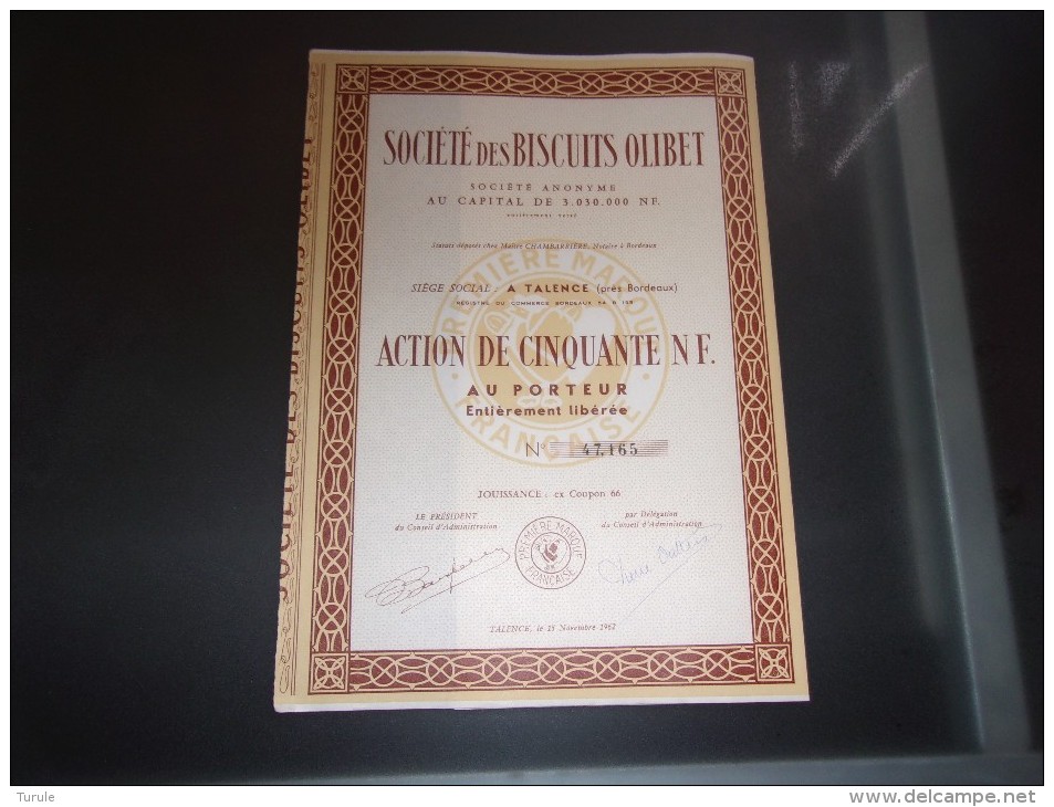 BISCUITS OLIBET (50 N.F.) TALENCE , GIRONDE  (1962) - Autres & Non Classés